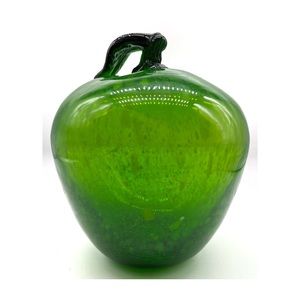 Art Glass Apple HAND BLOWN GREEN SPLATTER APPLE W/ GREEN STEM Murano?